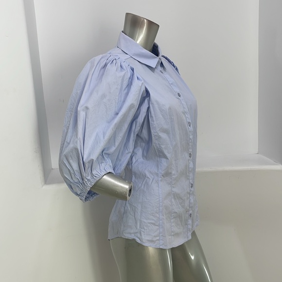 Karen Millen Quarter Balloon Sleeves Blue Button Up Shirt Top K4 - Picture 4 of 13